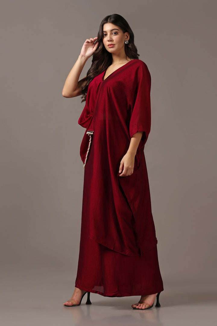 Maroon Asymmetrical Top with Flared Pants