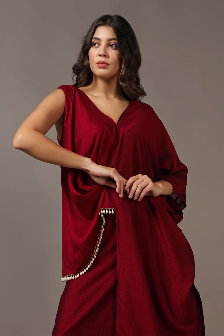 Maroon Asymmetrical Top with Flared Pants