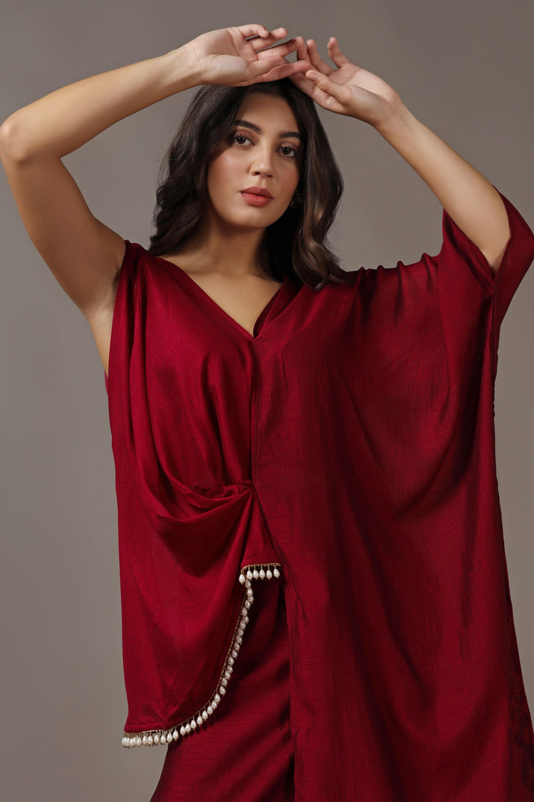 Maroon Asymmetrical Top with Flared Pants