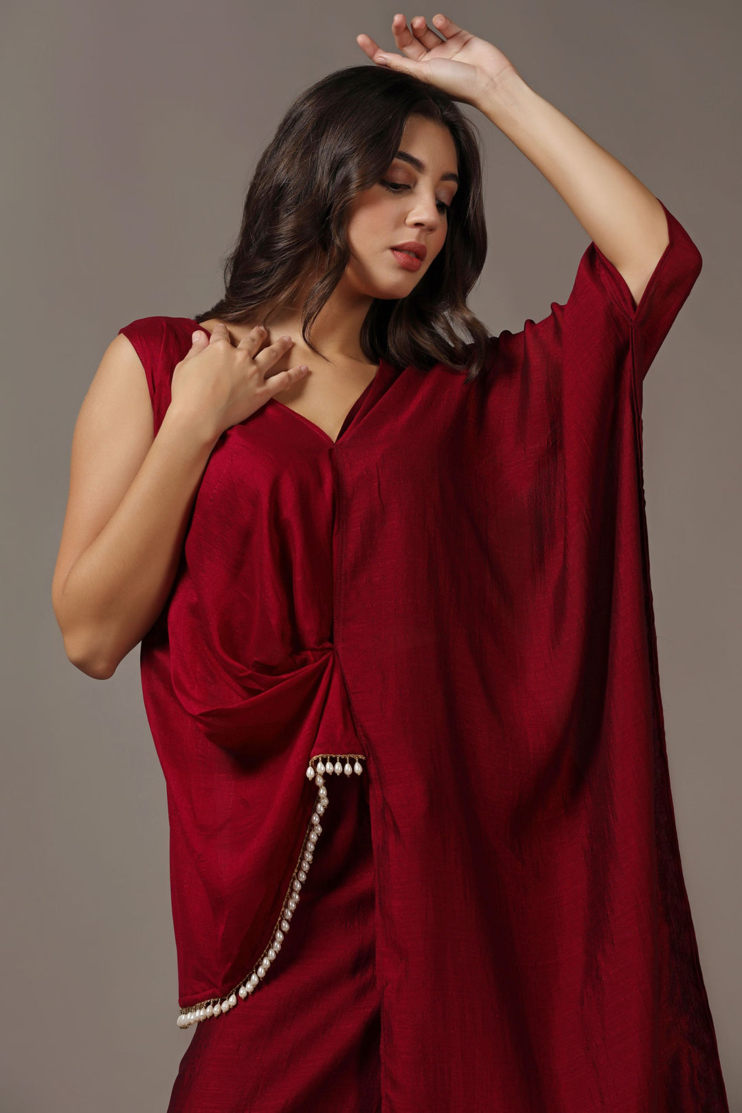 Maroon Asymmetrical Top with Flared Pants