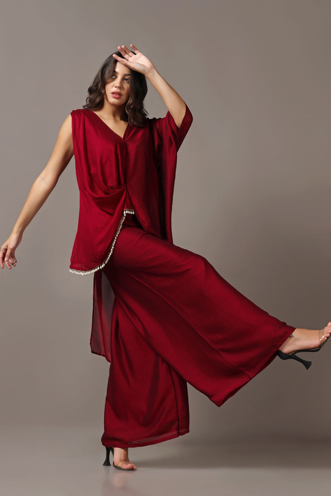 Maroon Asymmetrical Top with Flared Pants