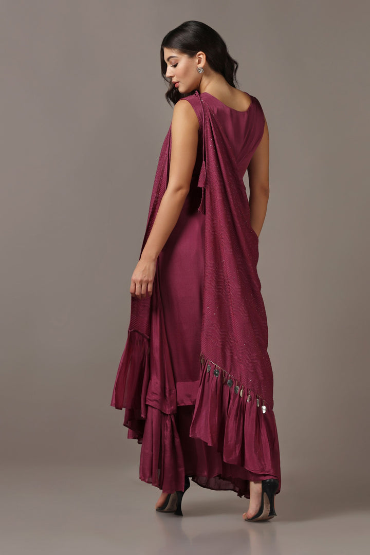 Wine Dress with One Shoulder Drape Cape