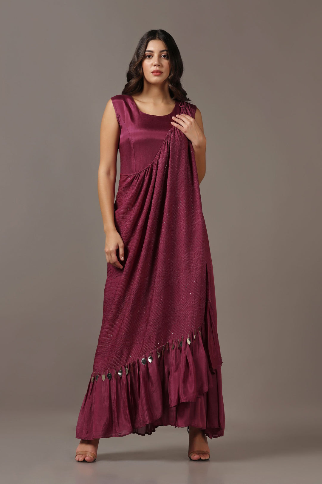 Wine Dress with One Shoulder Drape Cape