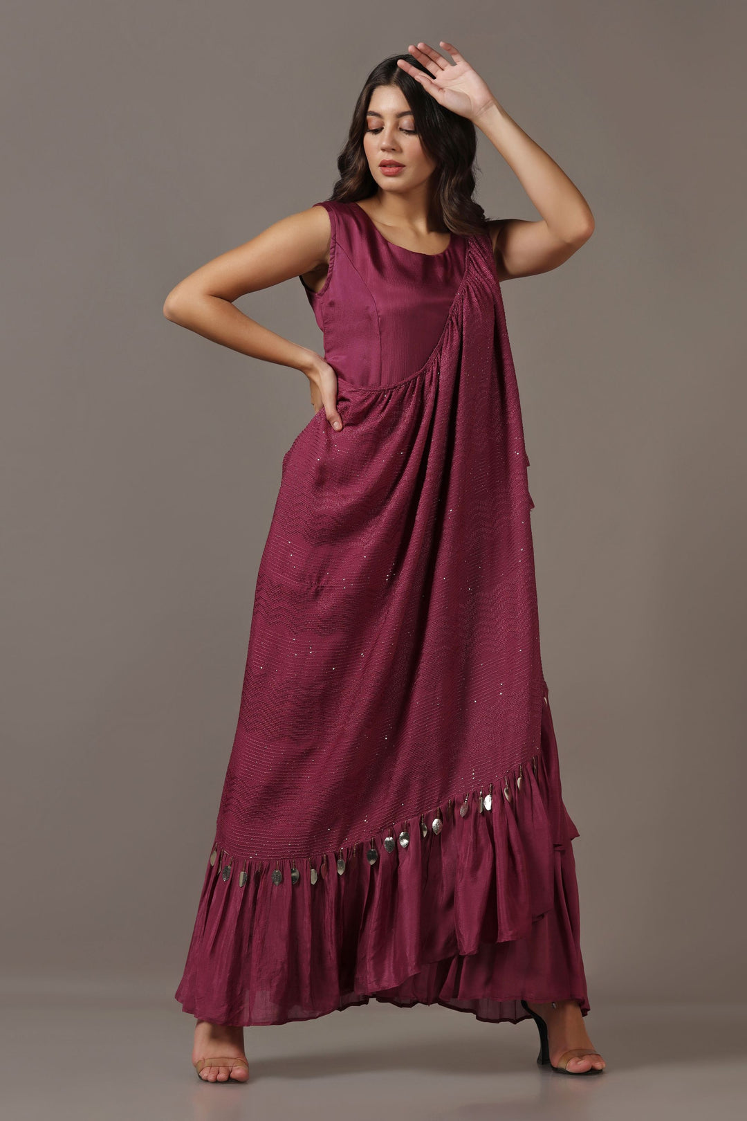 Wine Dress with One Shoulder Drape Cape