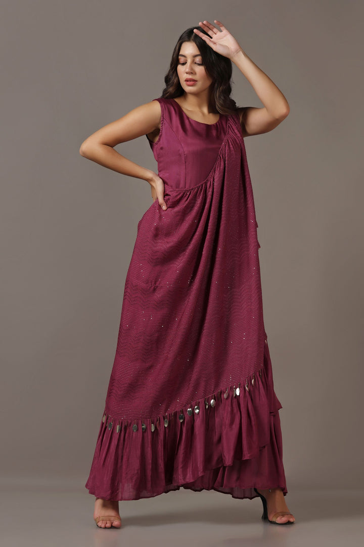 Wine Dress with One Shoulder Drape Cape