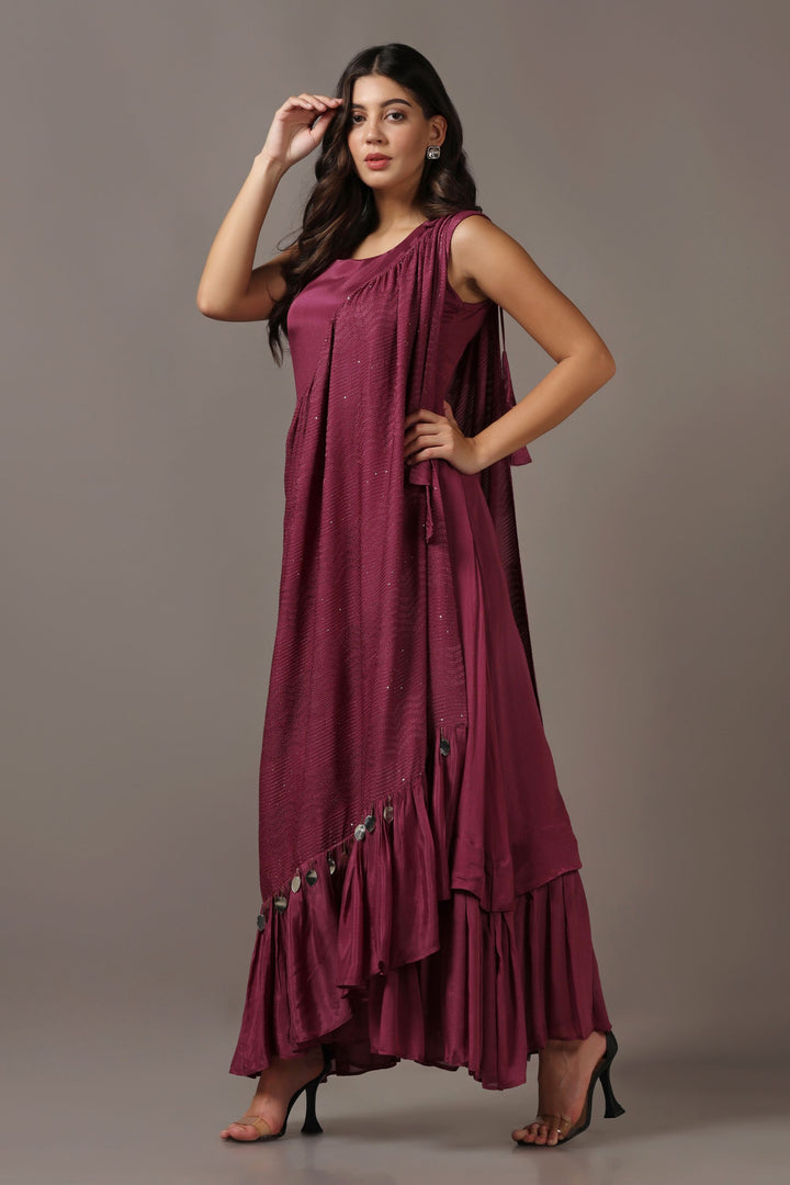 Wine Dress with One Shoulder Drape Cape