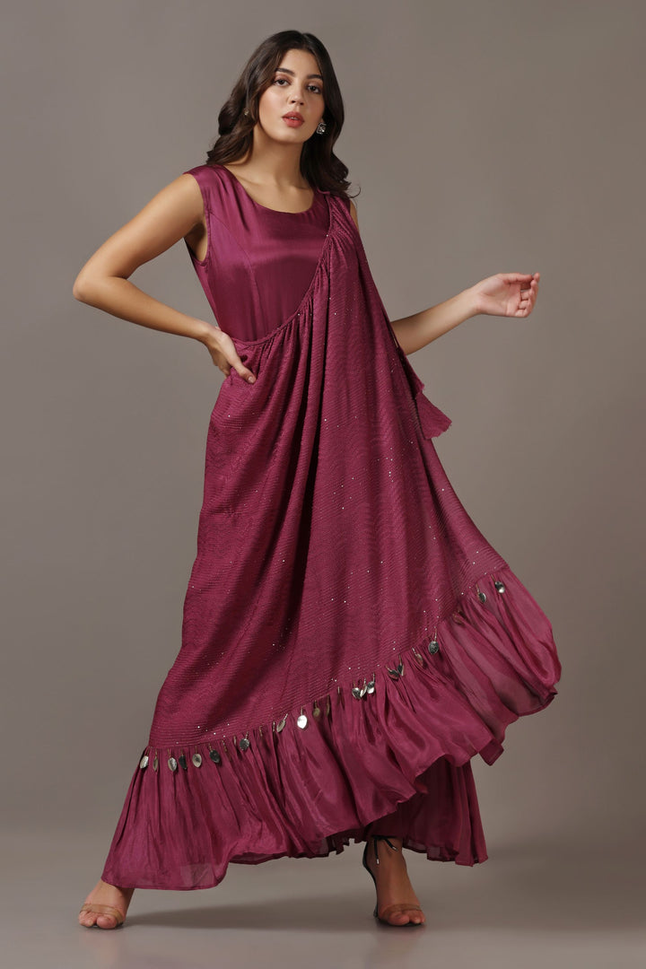 Wine Dress with One Shoulder Drape Cape