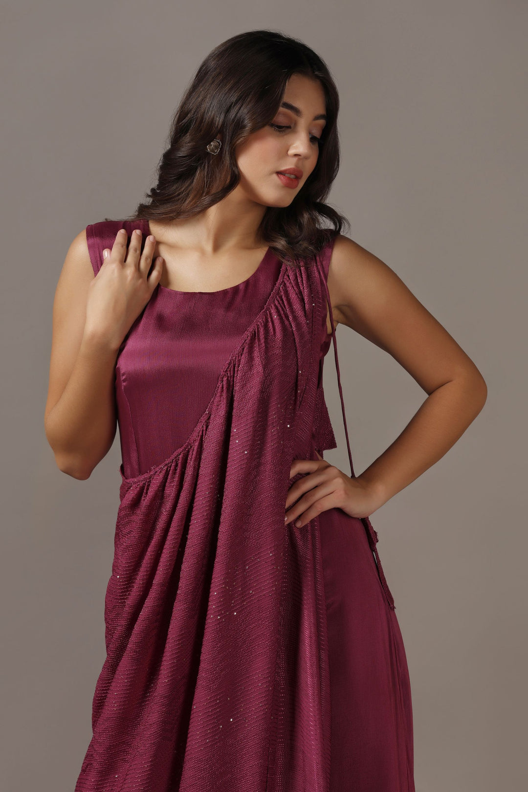 Wine Dress with One Shoulder Drape Cape