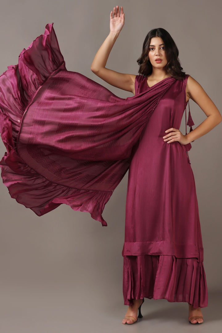 Wine Dress with One Shoulder Drape Cape