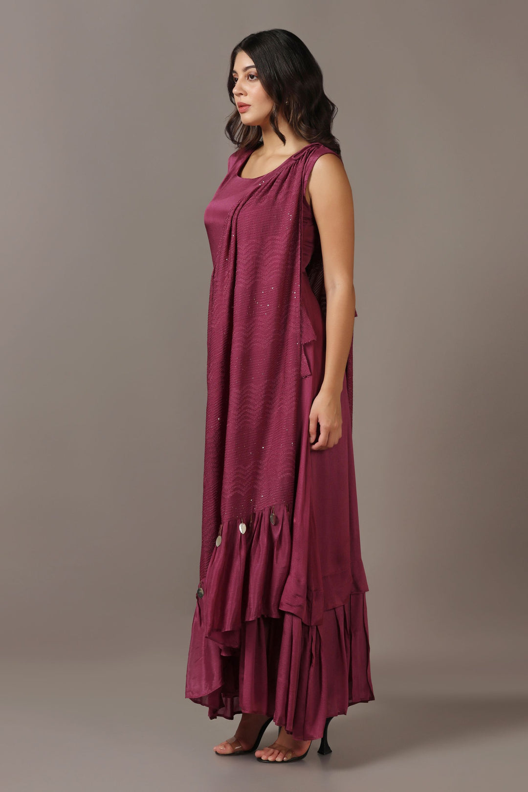 Wine Dress with One Shoulder Drape Cape