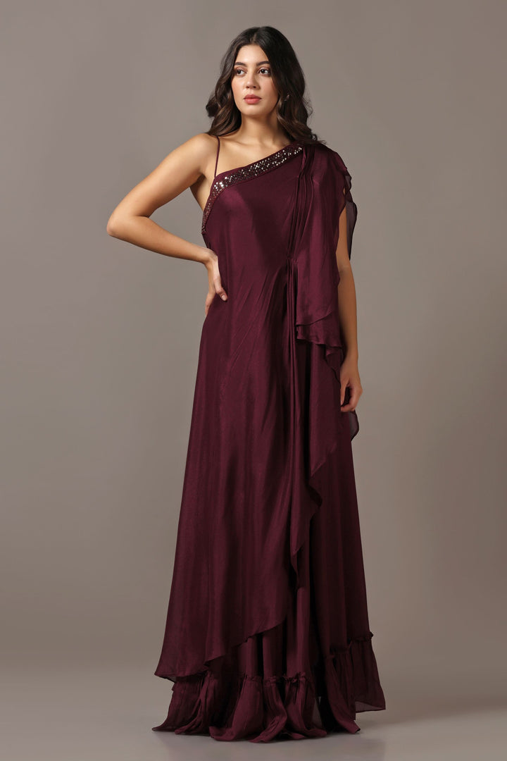 Wine One Shoulder Drape Gown