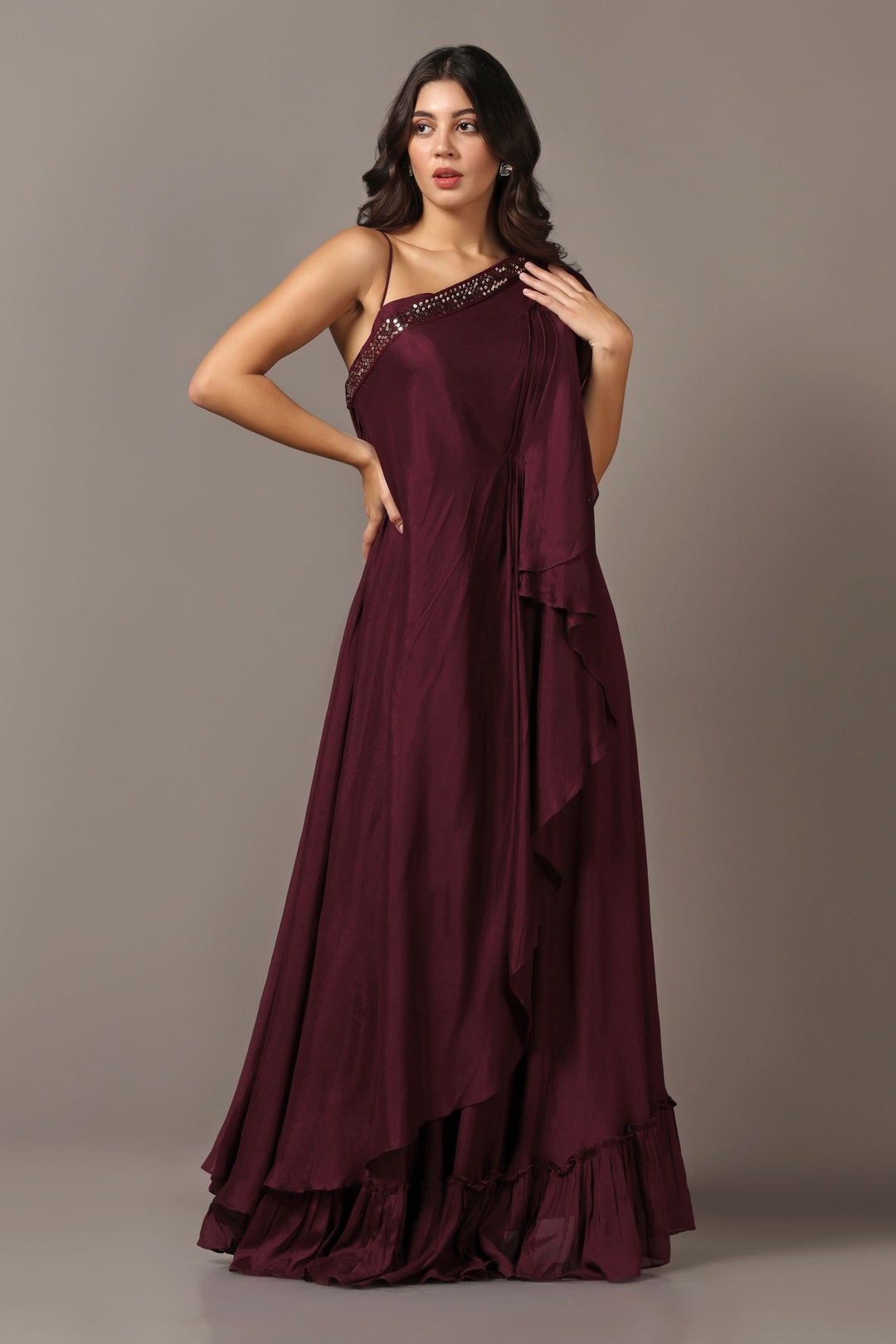 Wine One Shoulder Drape Gown