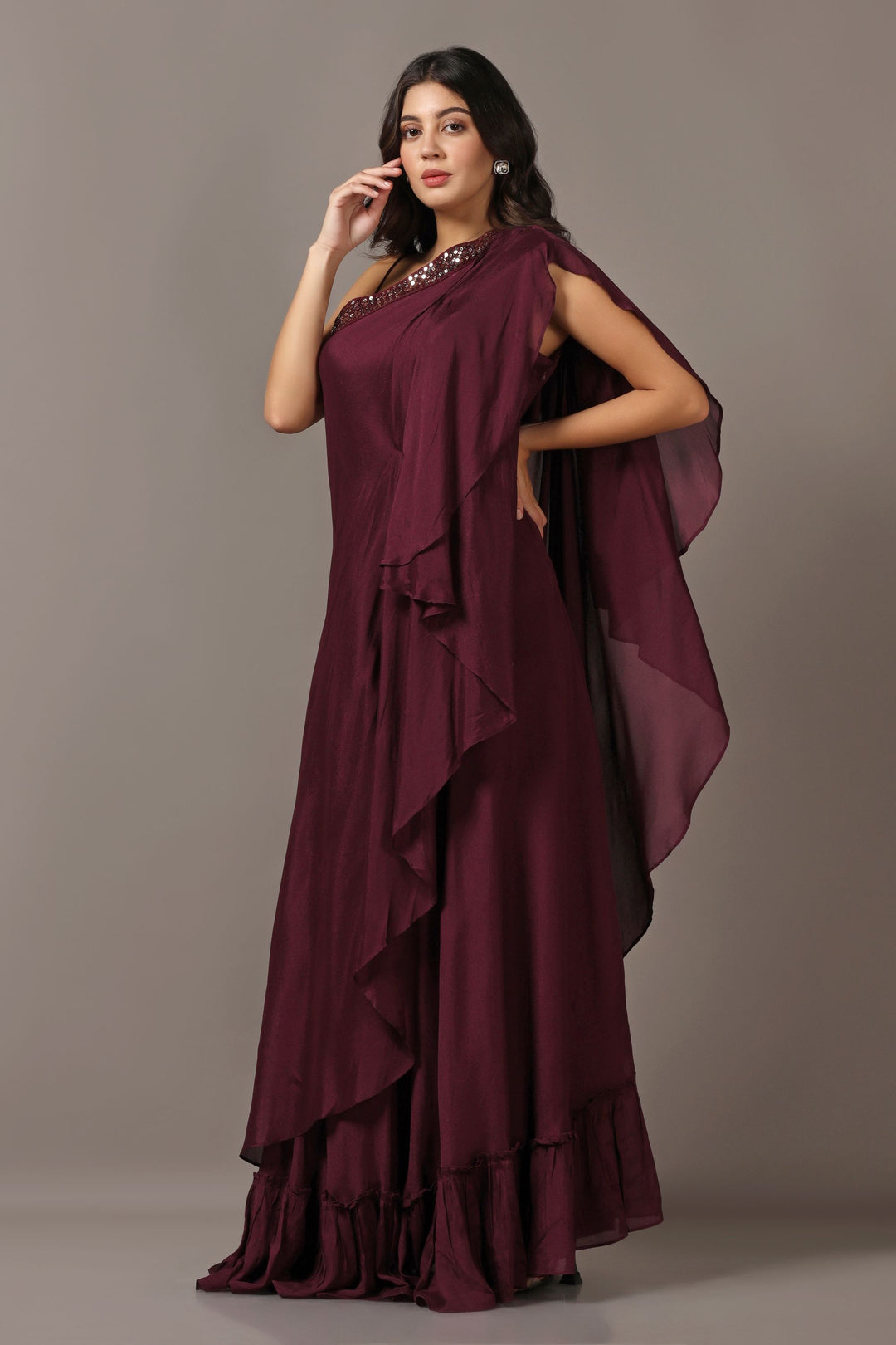 Wine One Shoulder Drape Gown