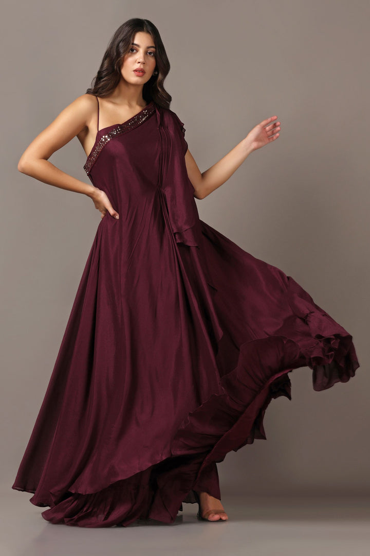 Wine One Shoulder Drape Gown