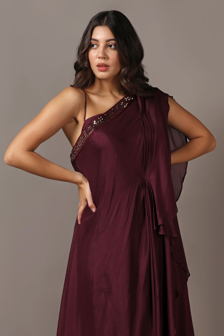 Wine One Shoulder Drape Gown