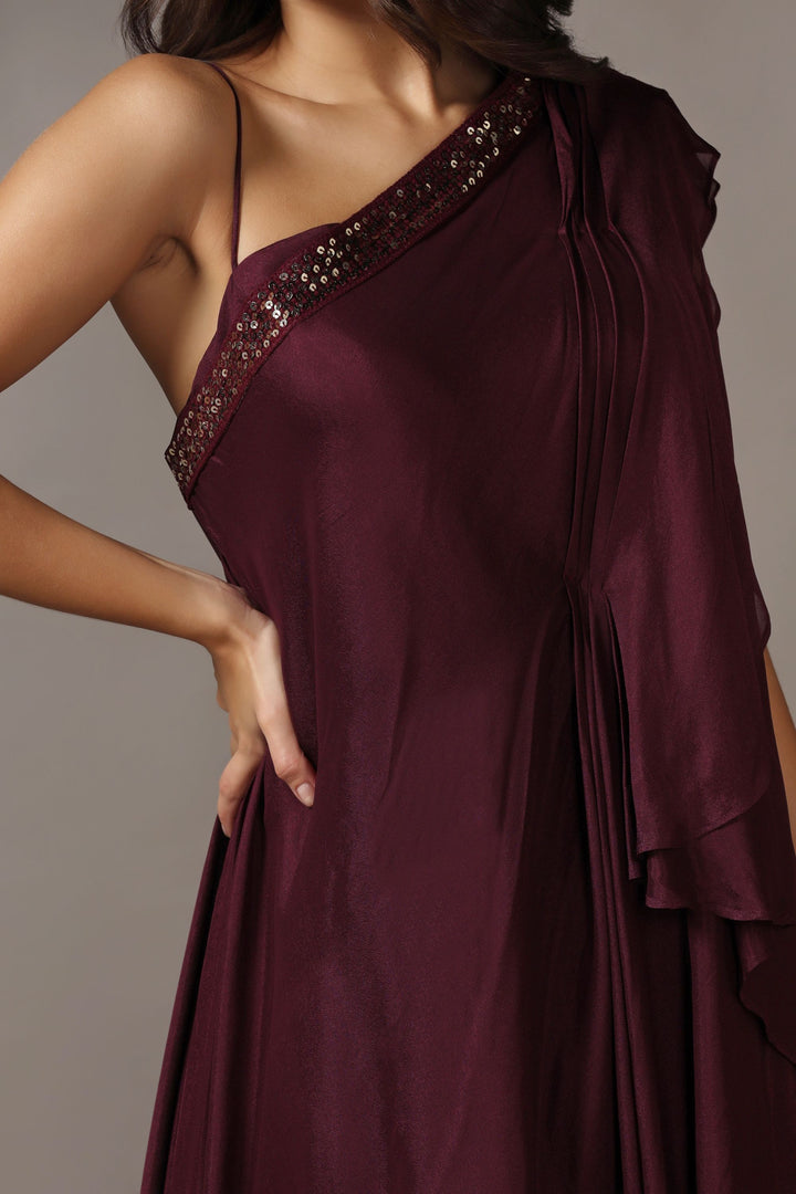 Wine One Shoulder Drape Gown