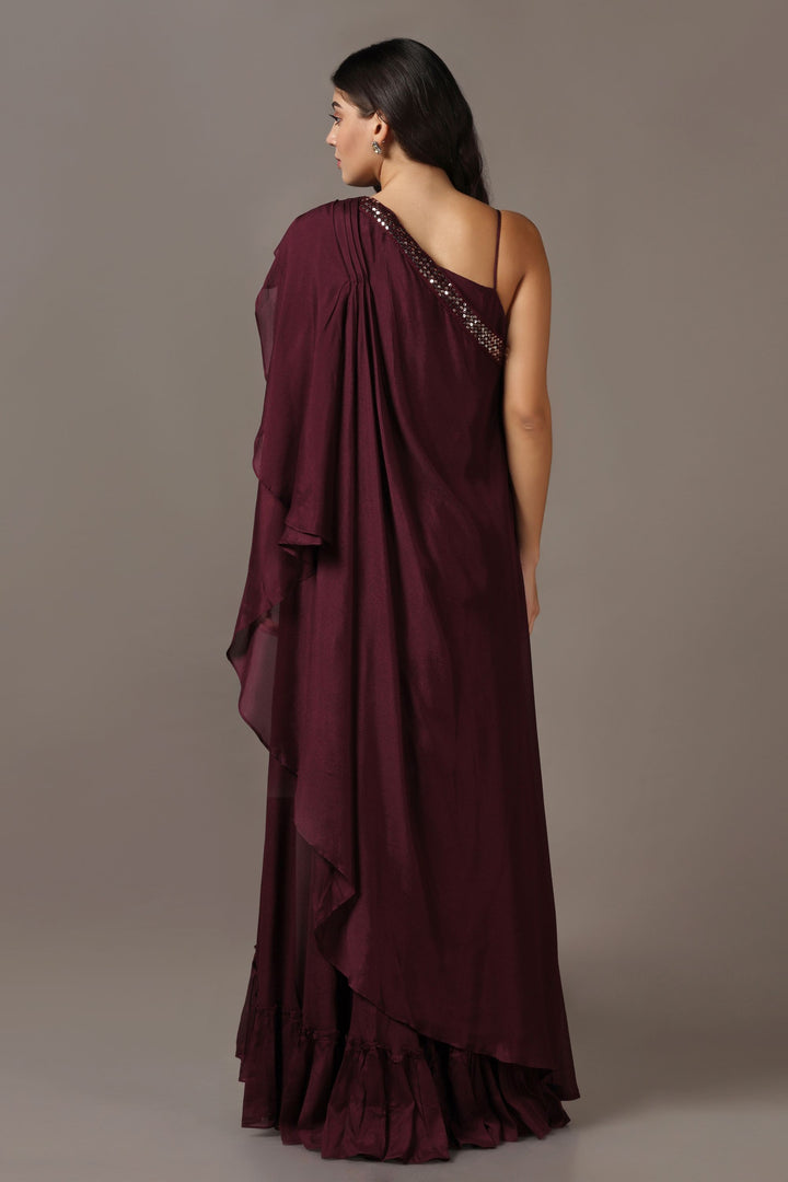 Wine One Shoulder Drape Gown