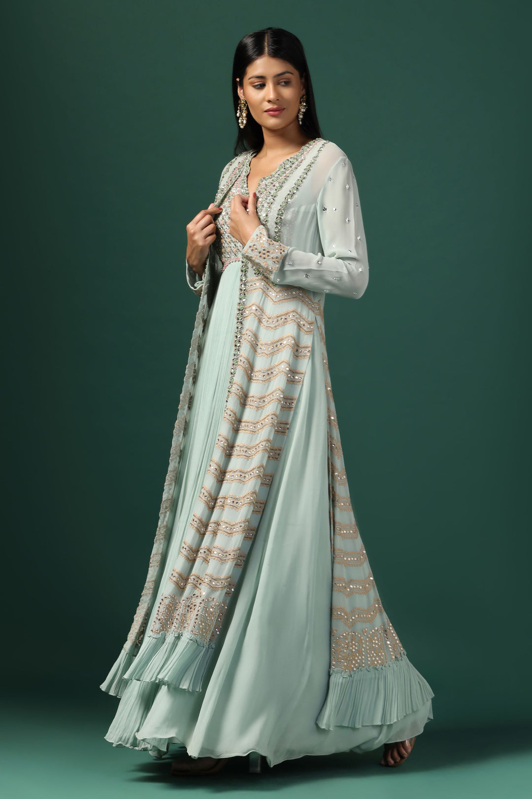 Two Sisters By Gyans Sea Green Anarkali Gown With Cape & Dupatta ( ) Green / Georgette / 5XL Two Sisters By Gyans Sea Green Anarkali Gown With Cape & Dupatta ( ) Green / Georgette / 5XL