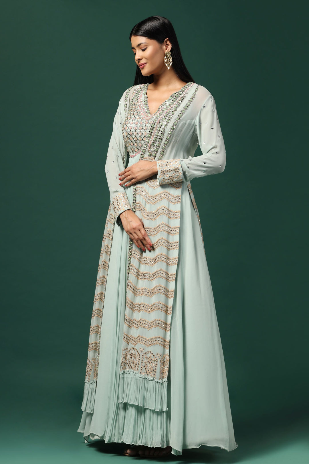 Sea Green Anarkali Gown With Cape & Dupatta ( ) Gyans Sea Green Anarkali Gown With Cape & Dupatta ( ) Gyans