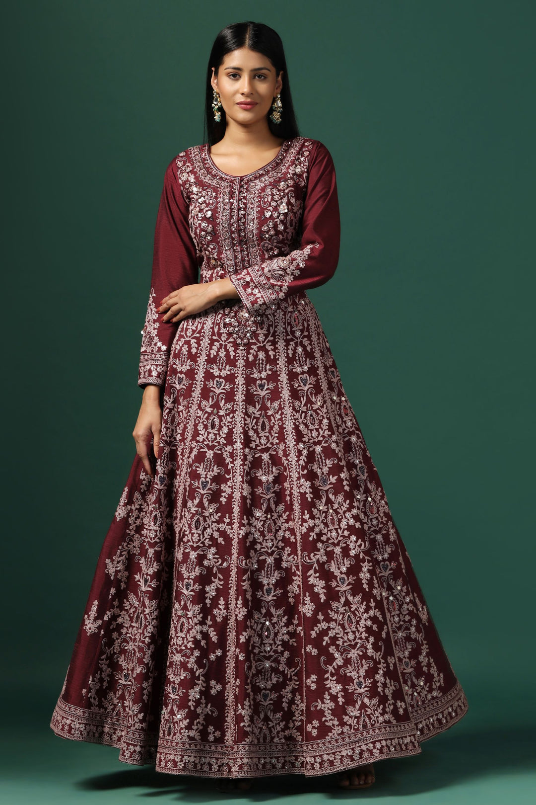 Maroon Embroidered Anarkali with Dupatta