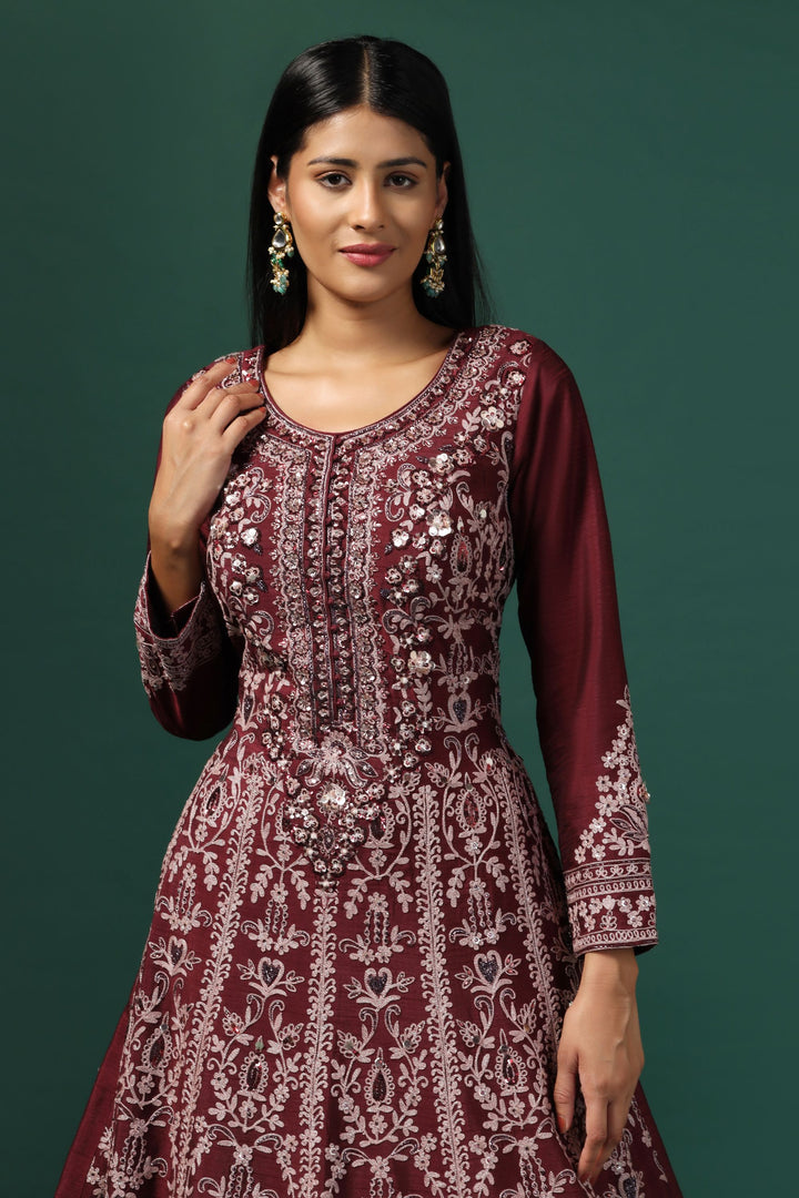 Maroon Embroidered Anarkali with Dupatta