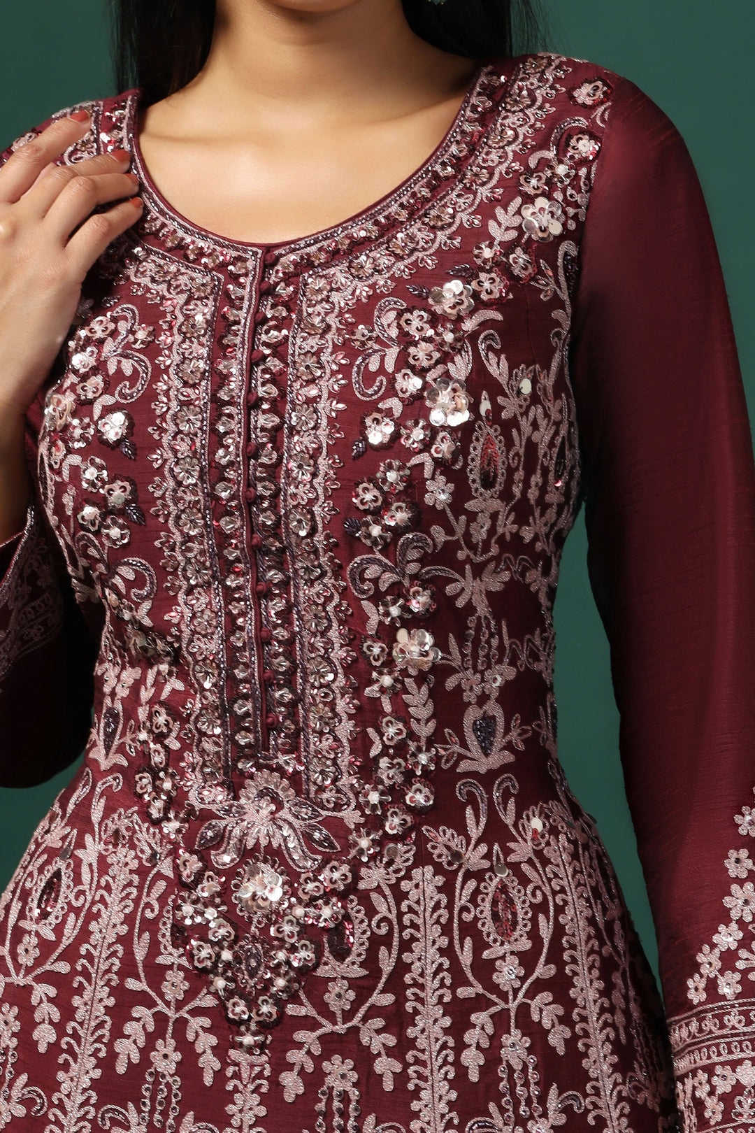 Maroon Embroidered Anarkali with Dupatta