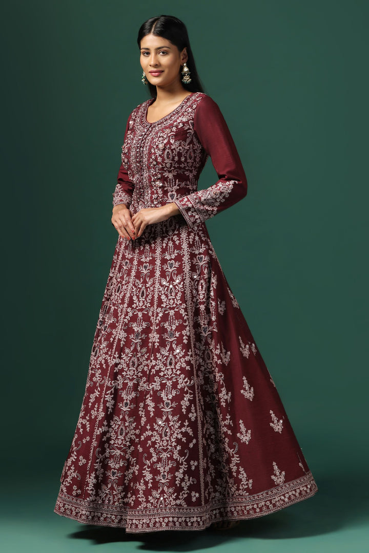 Maroon Embroidered Anarkali with Dupatta