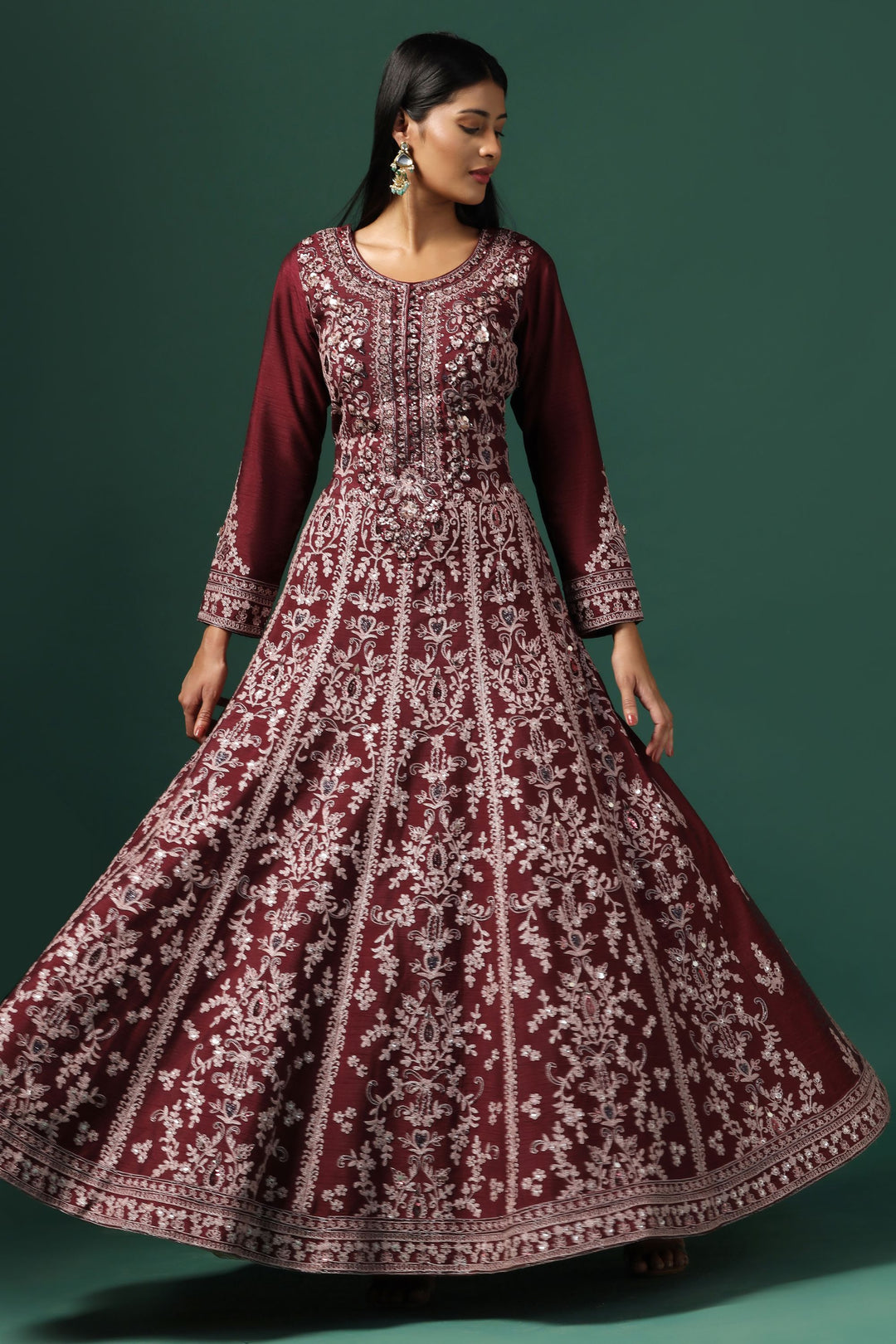 Maroon Embroidered Anarkali with Dupatta