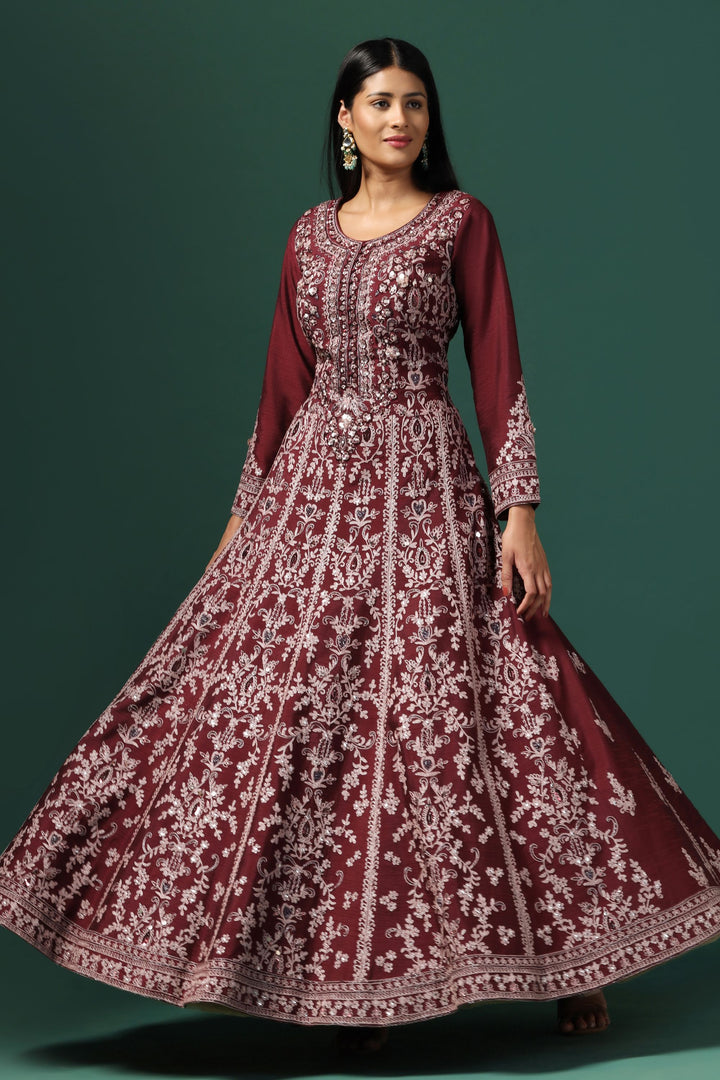 Maroon Embroidered Anarkali with Dupatta