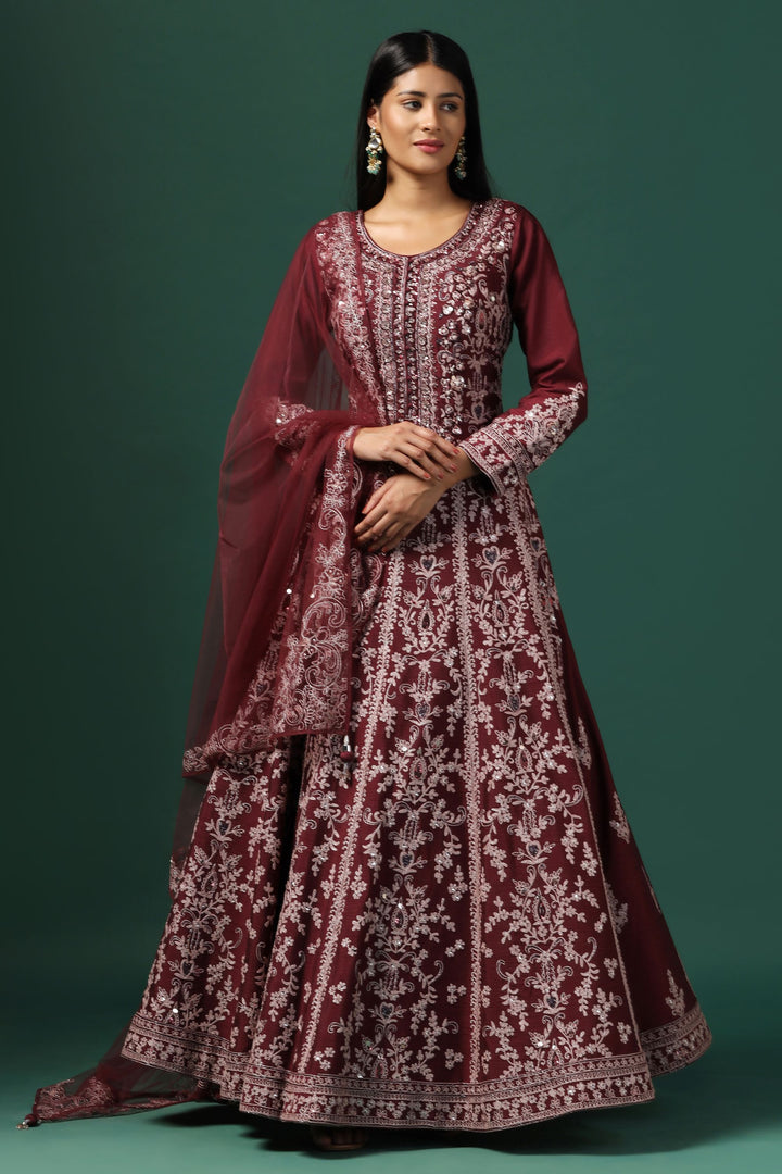 Maroon Embroidered Anarkali with Dupatta