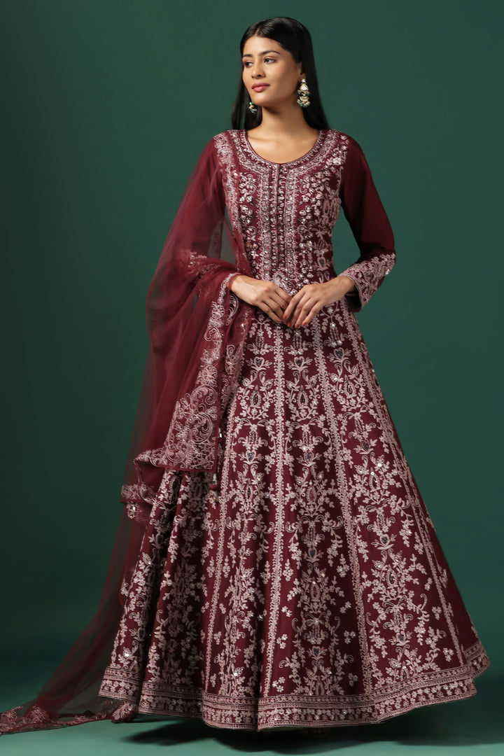 Maroon Embroidered Anarkali with Dupatta