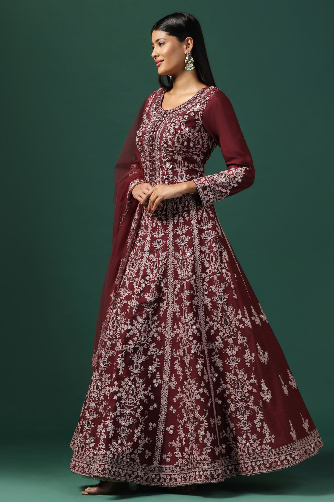 Maroon Embroidered Anarkali with Dupatta