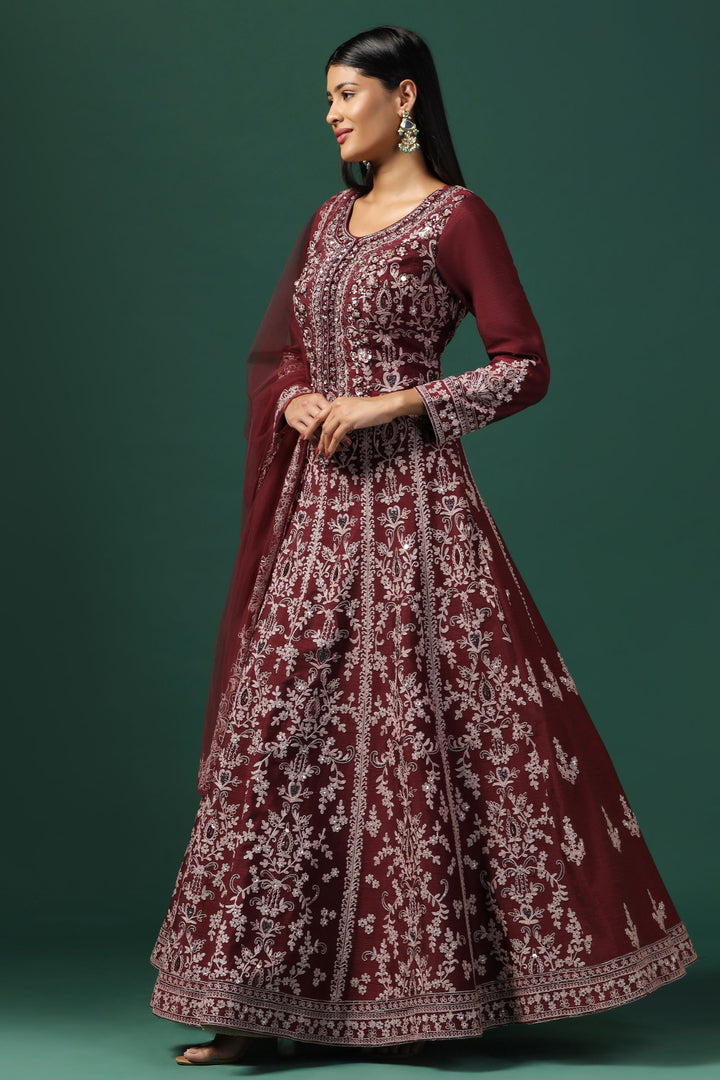 Maroon Embroidered Anarkali with Dupatta