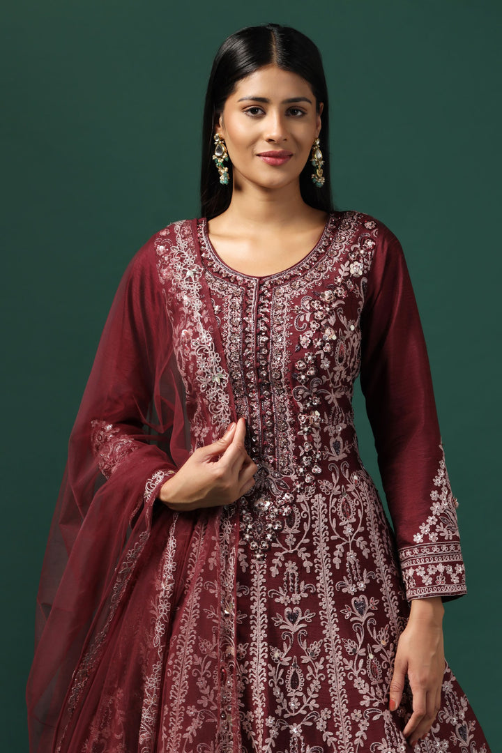 Maroon Embroidered Anarkali with Dupatta