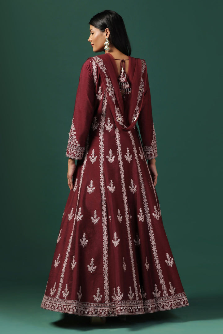 Maroon Embroidered Anarkali with Dupatta