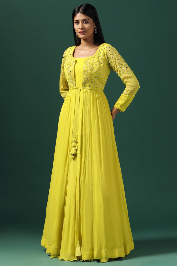 YELLOW ANARKALI WITH EMBROIDERED CAPE