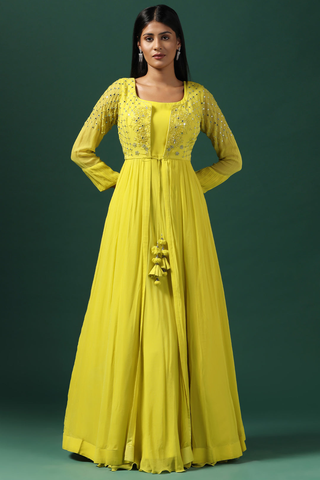 YELLOW ANARKALI WITH EMBROIDERED CAPE