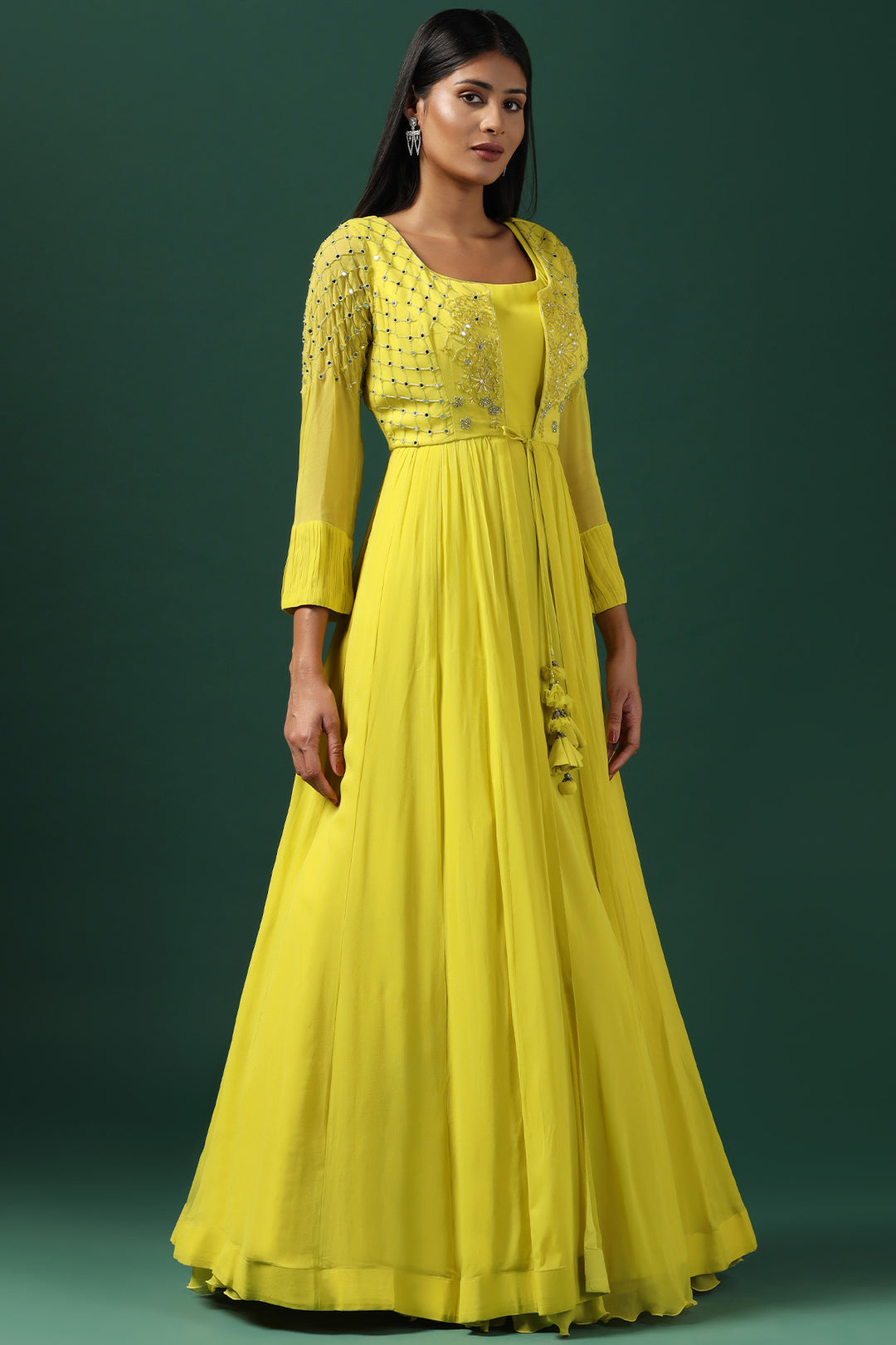 YELLOW ANARKALI WITH EMBROIDERED CAPE