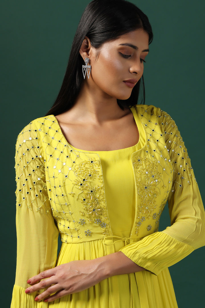 YELLOW ANARKALI WITH EMBROIDERED CAPE