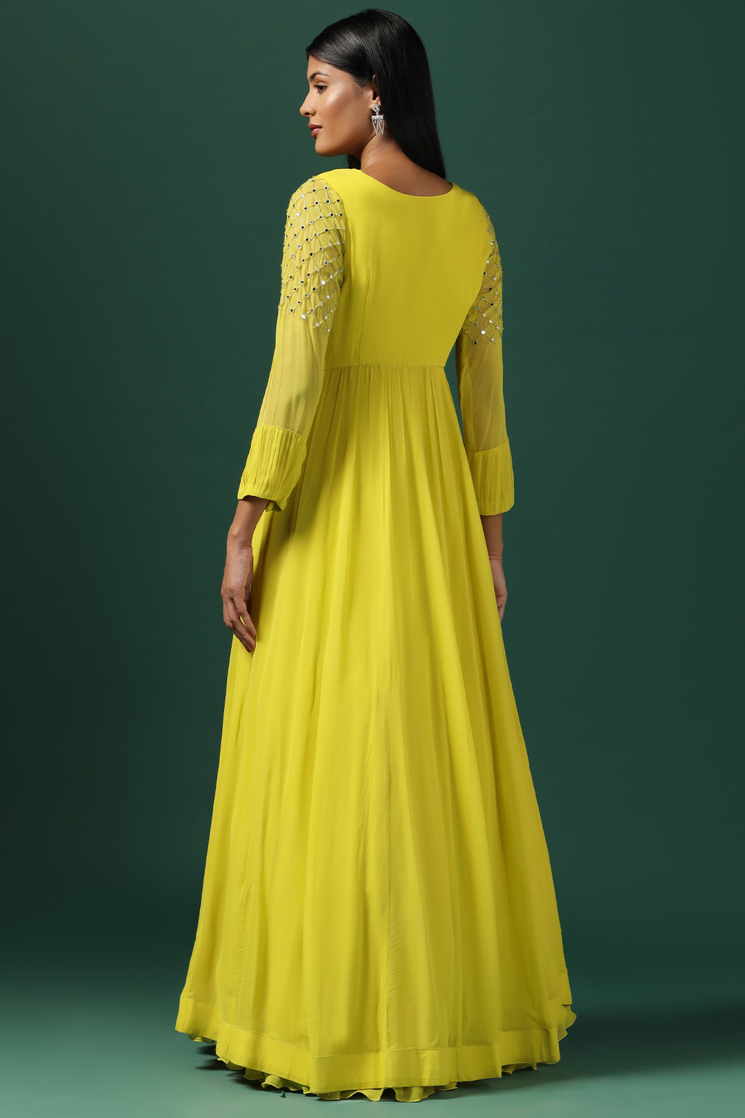 YELLOW ANARKALI WITH EMBROIDERED CAPE