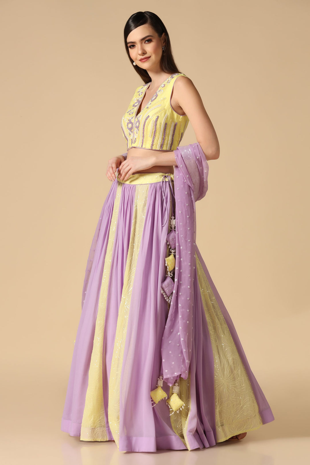 Lilac & Yellow Embroidered Lehenga Set