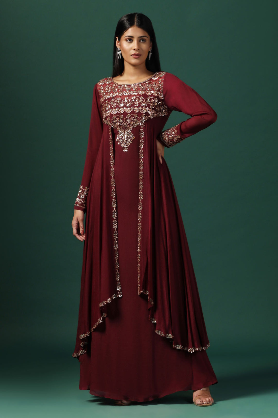 Maroon Cape Style Georgette Gown