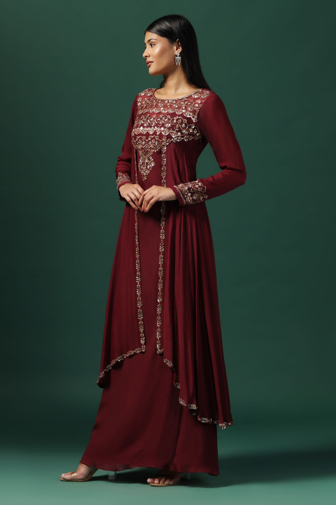 Maroon Cape Style Georgette Gown