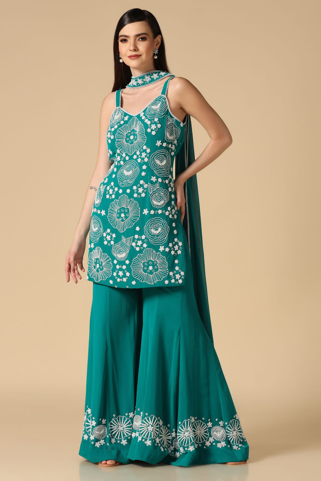 Green Sharara Set with Pearl Embroidery