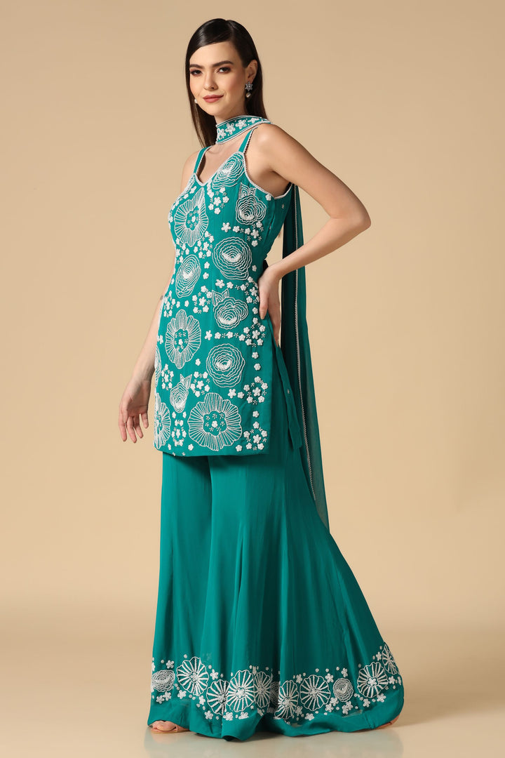 Green Sharara Set with Pearl Embroidery
