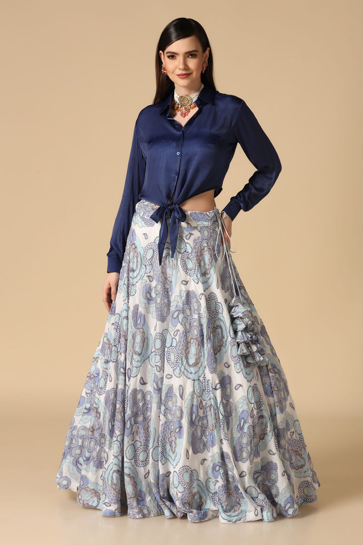 Blue Shirt and Printed Lehenga Set