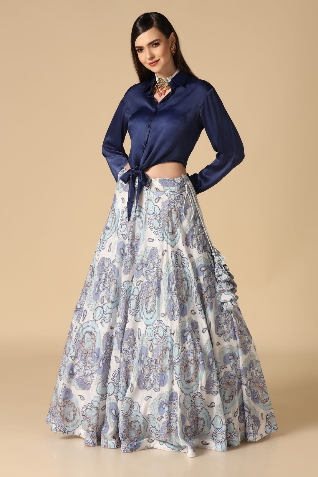 Blue Shirt and Printed Lehenga Set