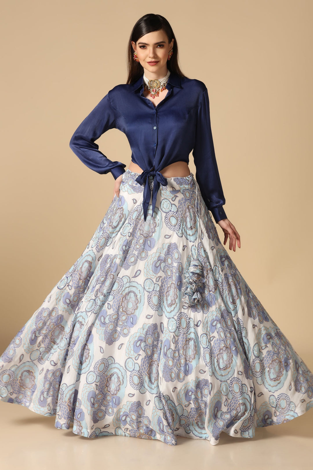 Blue Shirt and Printed Lehenga Set