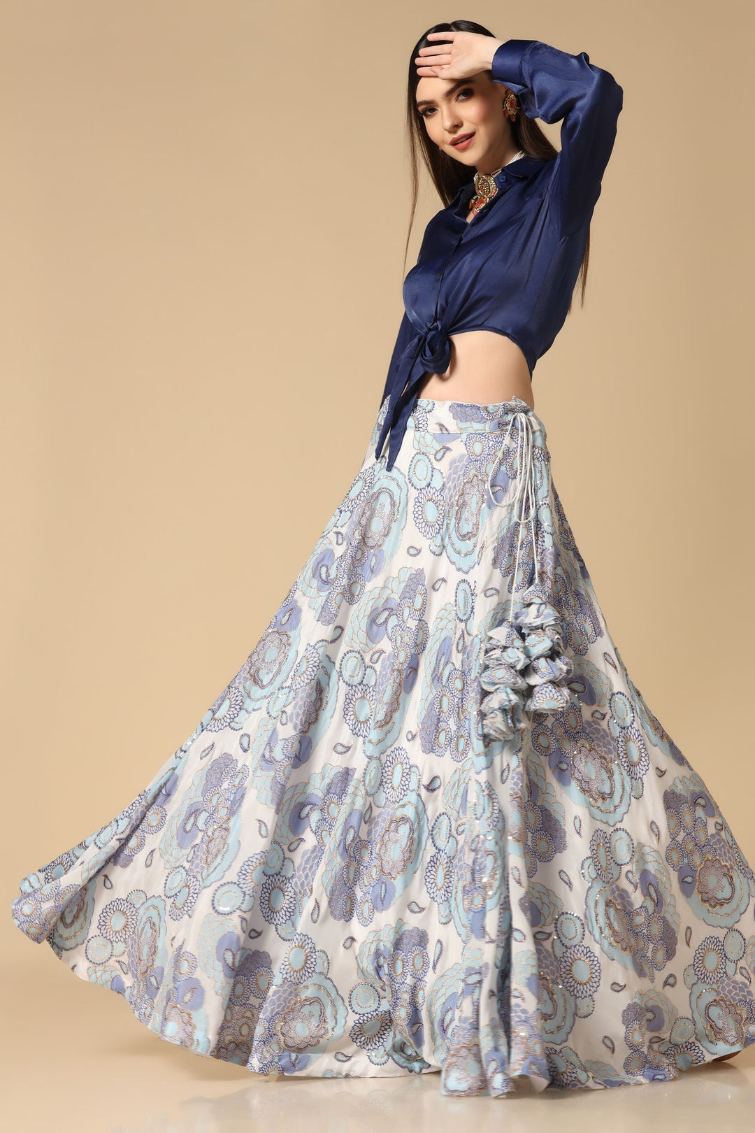 Blue Shirt and Printed Lehenga Set