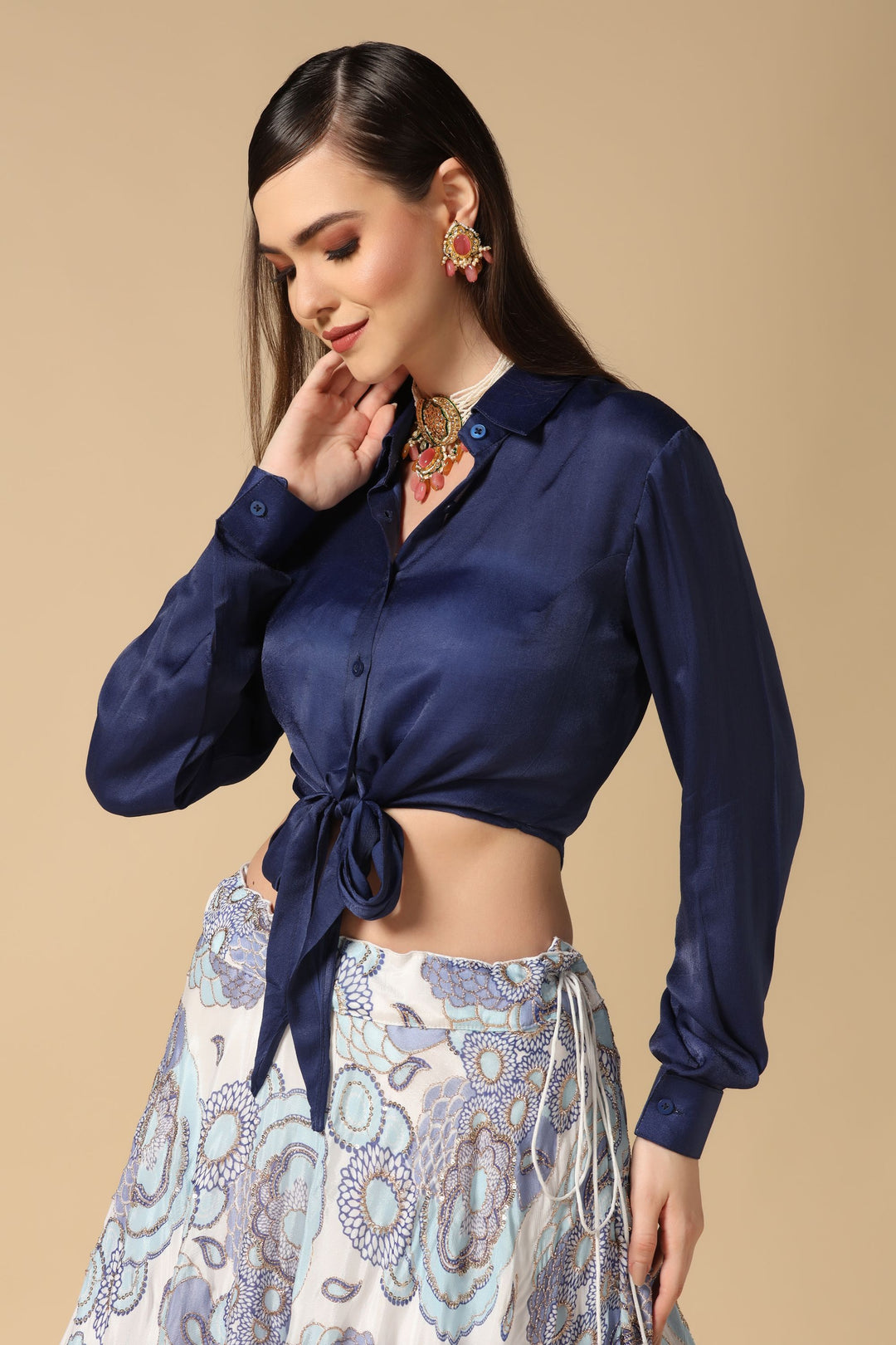 Blue Shirt and Printed Lehenga Set